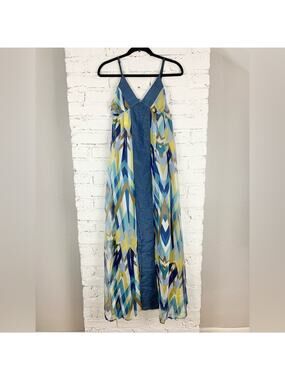 Isabel Lu Silk Printed Blue Chevron Maxi Dress Medium